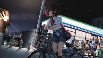 动漫女学生骑自行车户外 4k-奈落语