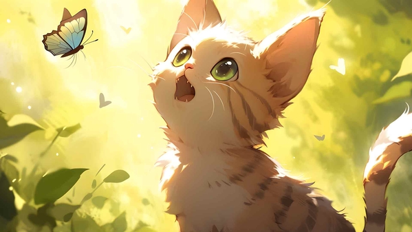 搞笑猫与蝴蝶绿色桌面壁纸-奈落语