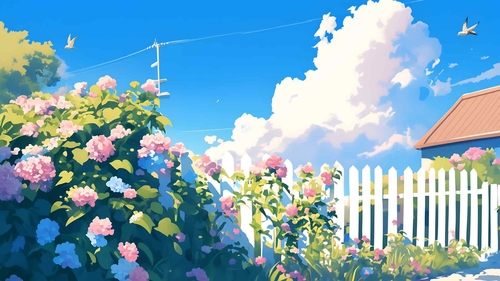 花屋栅栏夏季美学桌面壁纸-奈落语