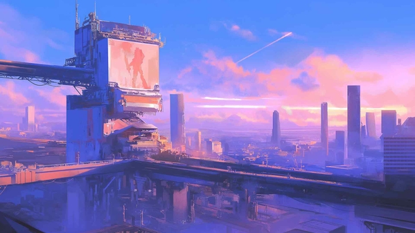 未来城市景观紫色桌面壁纸-奈落语