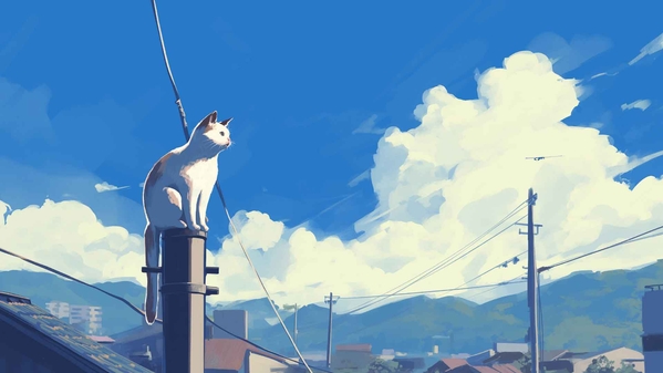 屋顶上的猫晴天桌面壁纸-奈落语