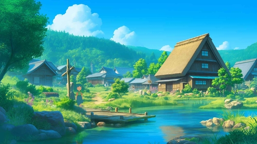 茅草屋顶房屋河流桌面壁纸-奈落语