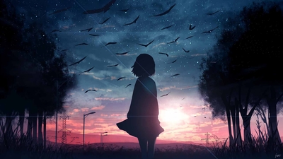 日出动漫女孩剪影风景4k超高清壁纸-奈落语