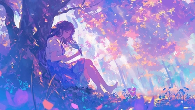 可爱的动漫女孩在树下桌面壁纸-奈落语