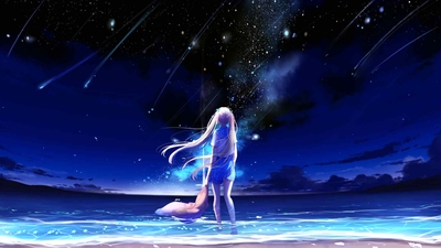 动漫女孩 流星 幻想 星夜 大海 海滩 夜晚 海滩 4k-奈落语