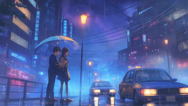 动漫雨街情侣城市灯光桌面壁纸-奈落语