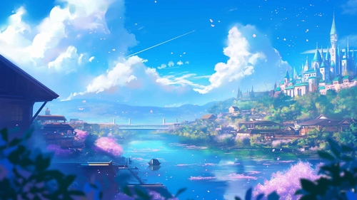城堡河春天开花桌面壁纸-奈落语