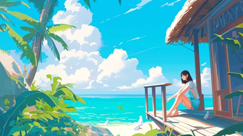 女孩海滩小屋热带海洋桌面壁纸-奈落语