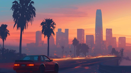 GTA 城市灯光棕榈树日落大道桌面壁纸-奈落语