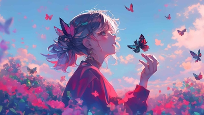动漫女孩与花朵和蝴蝶桌面壁纸-奈落语