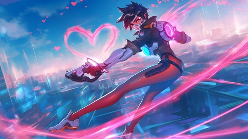 TRACER 守望先锋 粉红之心 情人节桌面壁纸-奈落语