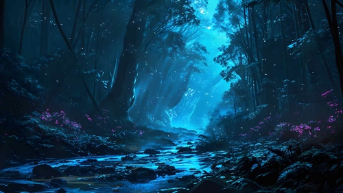 雾中的蓝色夜晚森林桌面壁纸-奈落语