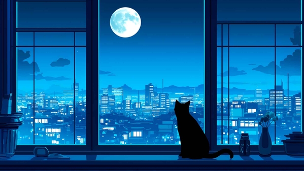 黑猫月光城市景观窗户桌面壁纸-奈落语