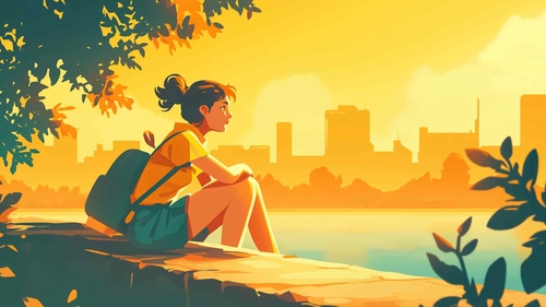 女孩享受城市河流夏季桌面壁纸-奈落语