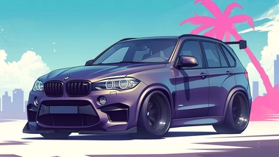 BMW X5 M 棕榈树日落桌面壁纸-奈落语
