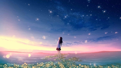 银河星空 少女 黄昏晚霞夕阳风景风景4k壁纸-奈落语
