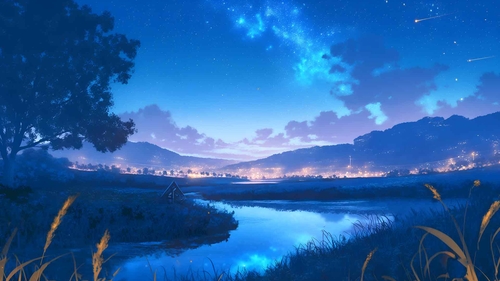 星夜河流乡村景色桌面壁纸-奈落语