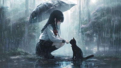 下雨天 小女孩 小黑猫 伞 4K动漫壁纸-奈落语