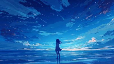 孤独的动漫女孩深蓝色桌面壁纸-奈落语