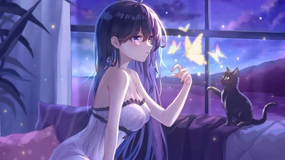 动漫女孩与猫 4k-奈落语