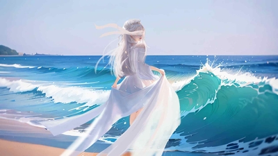 海边 女孩 蒙眼 仙气 4K壁纸-奈落语