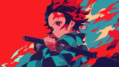 炭治郎与武士刀红色和蓝色桌面壁纸-奈落语
