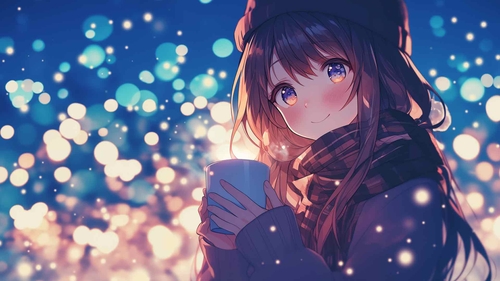 冬日灯光下拿着杯子的女孩桌面壁纸-奈落语