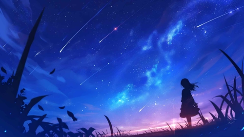女孩观看流星雨的夜空桌面壁纸-奈落语