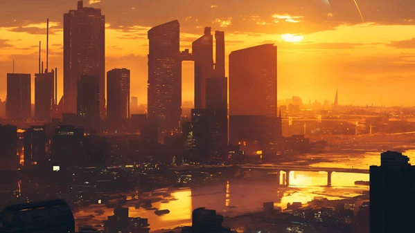 日落城市景观金色光芒桌面壁纸-奈落语