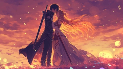 KIRITO 和 ASUNA 日落浪漫桌面壁纸-奈落语