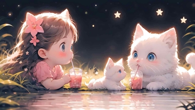 《一起喝果汁喵》小猫 女孩  4K高清无水印壁纸-奈落语
