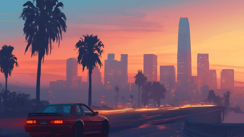 GTA 城市灯光棕榈树日落大道桌面壁纸-奈落语