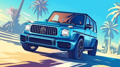 蓝色 梅赛德斯-AMG G63 与棕榈树桌面壁纸-奈落语