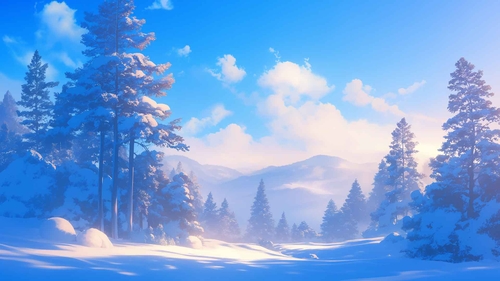 松树覆盖着雪的冬季风景桌面壁纸-奈落语