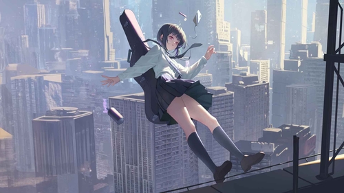 拿着吉他的动漫女学生从楼上坠落-奈落语