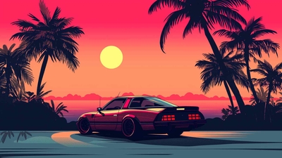 复古车夜晚海滩桌面壁纸-奈落语