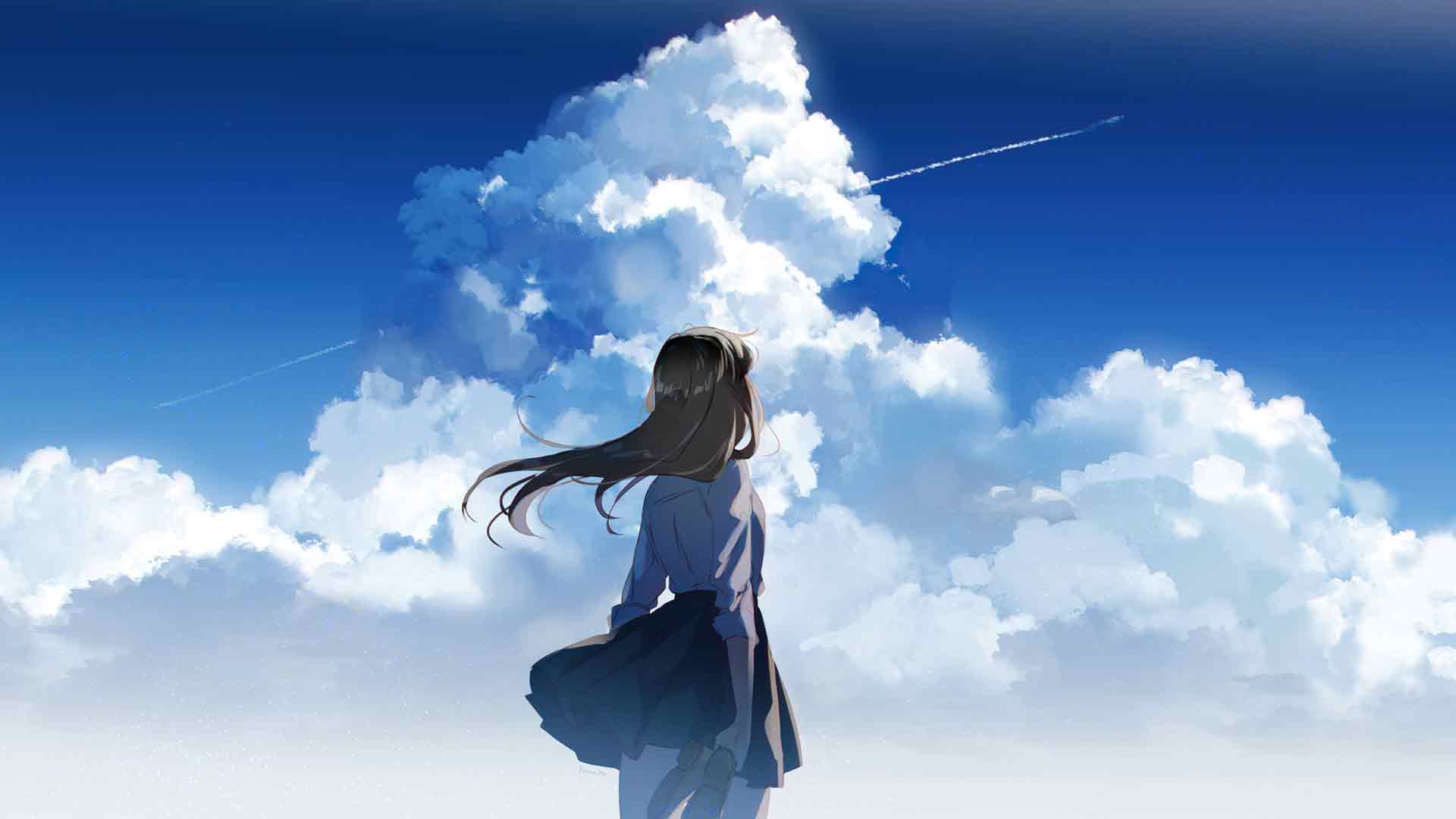 动漫女学生看着晴朗的天空-奈落语