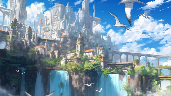 幻想王国瀑布城市风景桌面壁纸-奈落语
