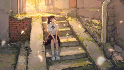 长满青苔的小巷与吹泡泡的女孩-奈落语