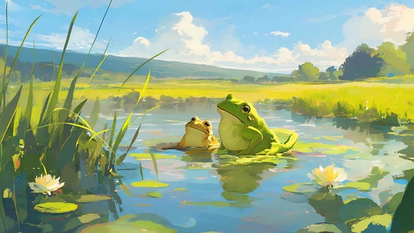 溪流中的青蛙绘画桌面壁纸-奈落语