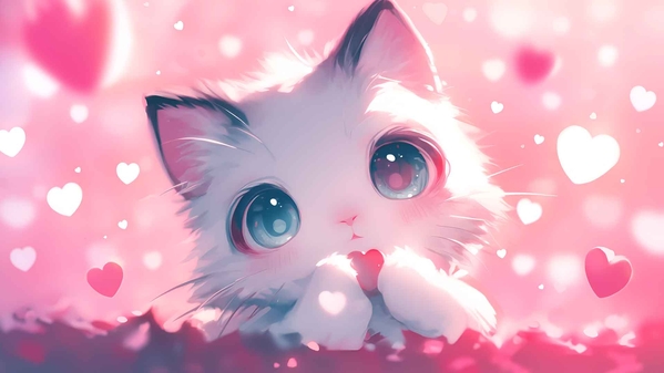 可爱的小猫粉红色的心美学桌面壁纸-奈落语
