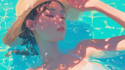夏季动漫女孩泳池美学桌面壁纸-奈落语