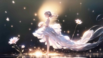唯美少女 小女孩 白色长裙 花 星光 4K动漫壁纸-奈落语
