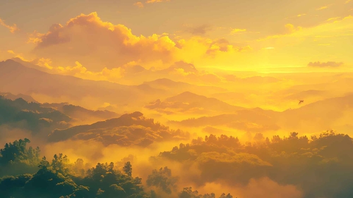 金色夕阳笼罩迷雾山脉桌面壁纸-奈落语