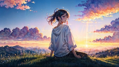 坐在草地上的女孩 动漫风景人物4k壁纸-奈落语