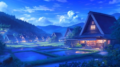 吉卜力风格的夜村桌面壁纸-奈落语