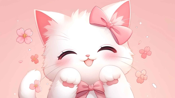 可爱的小猫粉红色蝴蝶结桌面壁纸-奈落语