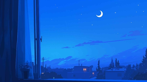 静谧的蓝色夜晚与月亮桌面壁纸-奈落语