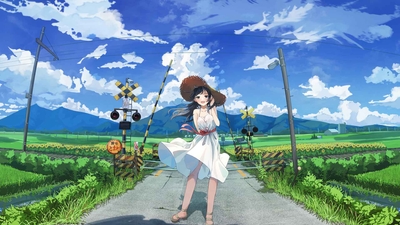 动漫女孩 美丽的 夏日 风景 草地 4K壁纸-奈落语