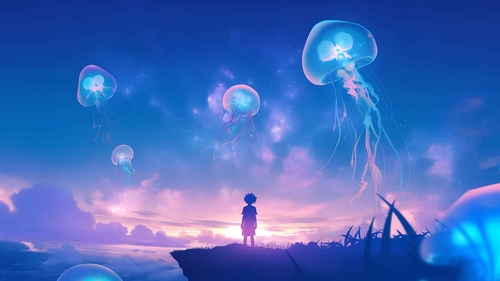 幻想水母夜空桌面壁纸-奈落语